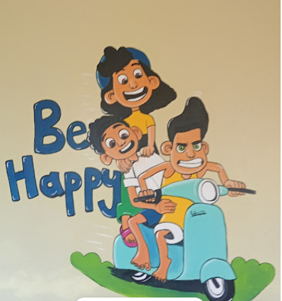 Be Happy wall mural with joyful characters